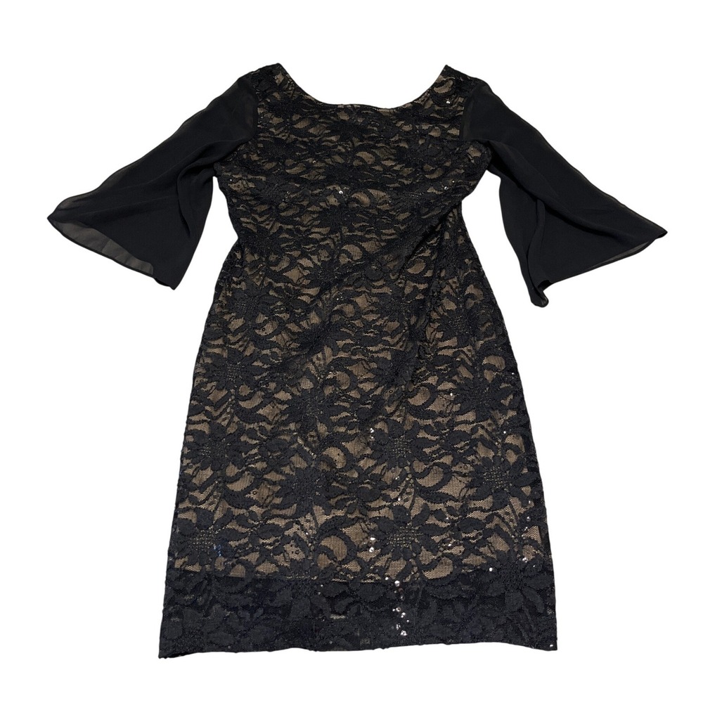 Ronni Nicole‎ Black Lace Overlay Sheath Dress Bell Sleeves Petite 10P